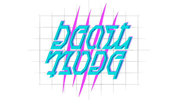 A neon blue and pink, ’80s stylized image of one of Nikita’s ambigrams that reads “beast.” 