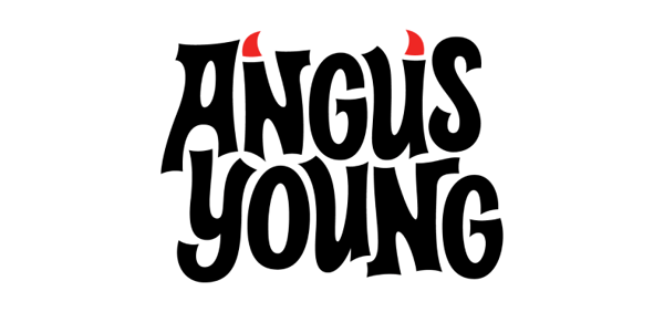 The name “Angus Young” in black with red horns emerging from the “n” and “u” in Angus. 