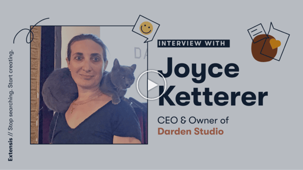  a photograph of Joyce Ketterer with a cat draped around her shoulders, with the sentence “Interview with Joyce Ketterer, CEO & Owner of Darden Studio” displayed to the right of her photo.