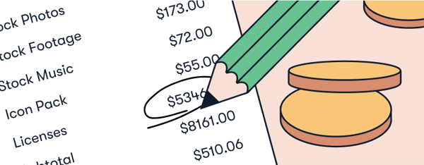 an illustration containing an itemized checklist of various creative assets, with their costs displayed next to them. A pencil circles one of the prices, and a few gold coins are spread out to the right of the pencil and checklist.