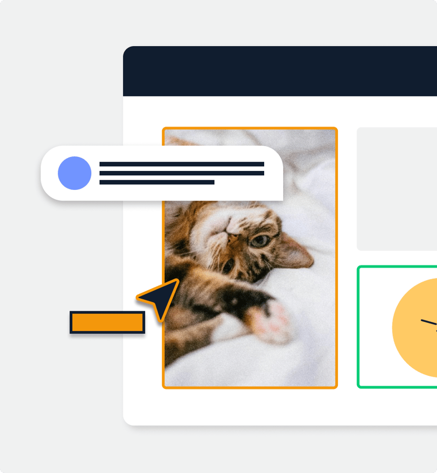Abstract image of a photograph of a very adorable cat, surrounded by and layered with oblong horizontal shapes in various colors, reminiscent of message notifications and tag displays.