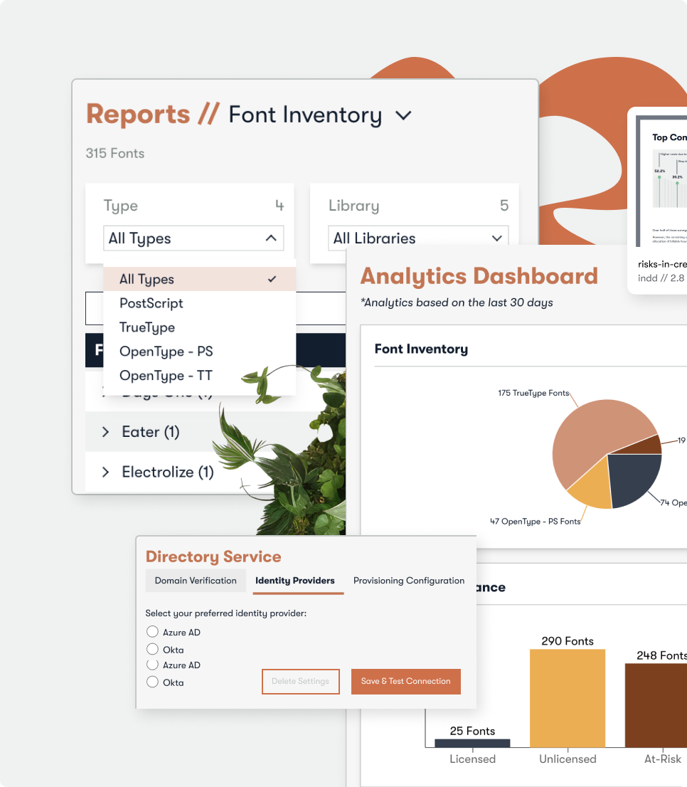 Collage of various interfaces within Connect + Insight, a powerful tool for creative and licensing reviews and project audits for creative tech stacks.