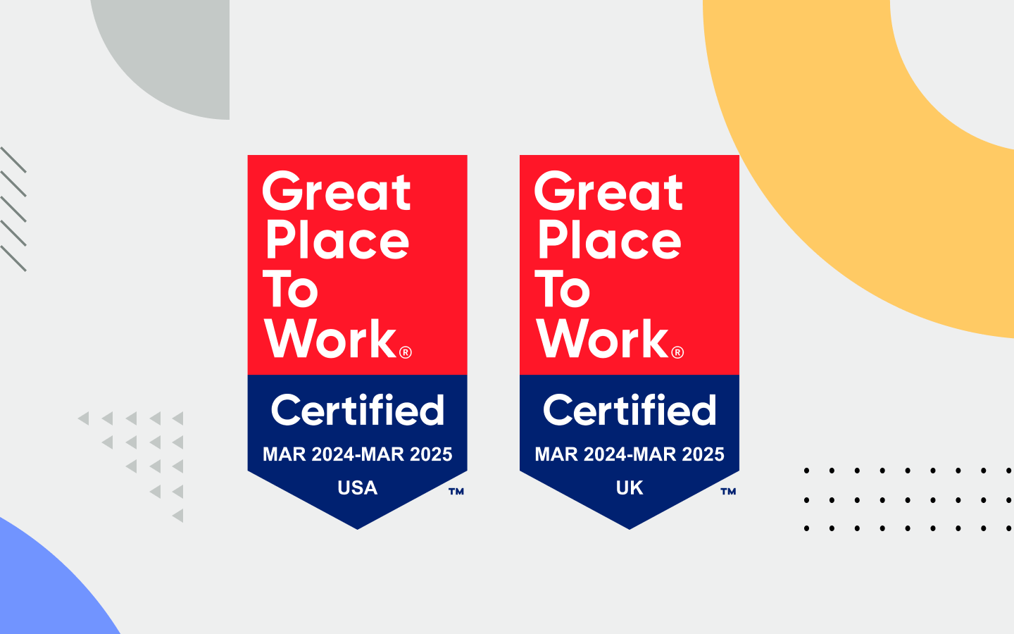 graphic with badges showing Extensis is a Certified Great Place To Work in the USA and UK in March 2024 through March 2025